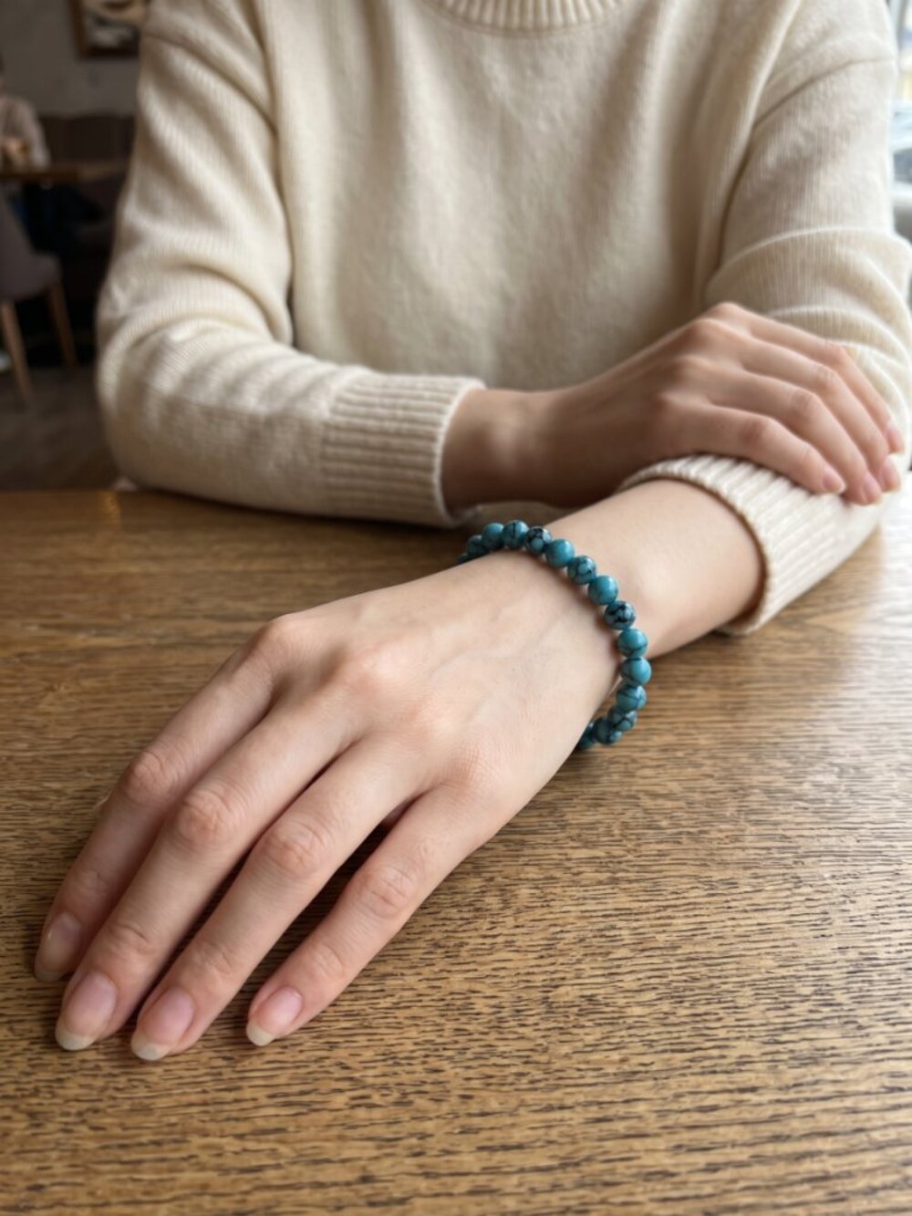 Turquoise Blue Black Veined Beaded Stretch Bracelet